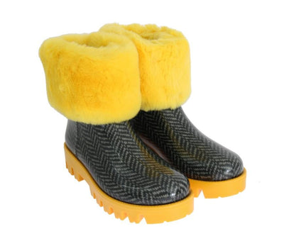 Yellow Fur Chevron Print Rubber Boots