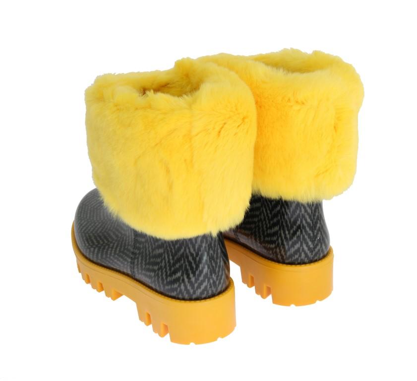 Yellow Fur Chevron Print Rubber Boots