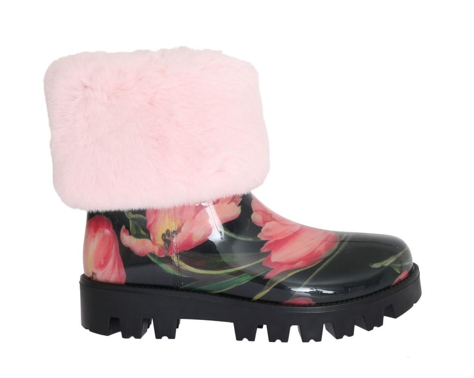 Pink Fur Tulip Print Rubber Boots