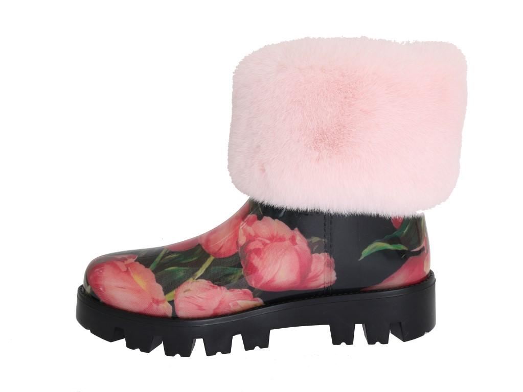 Pink Fur Tulip Print Rubber Boots