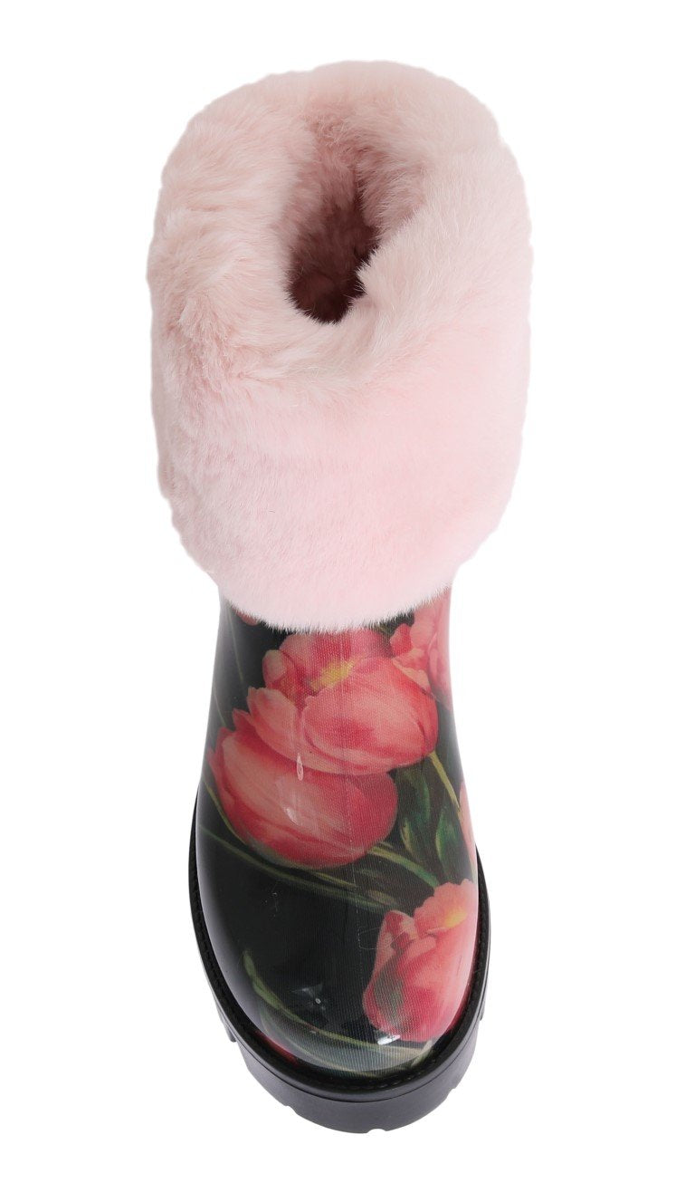 Pink Fur Tulip Print Rubber Boots