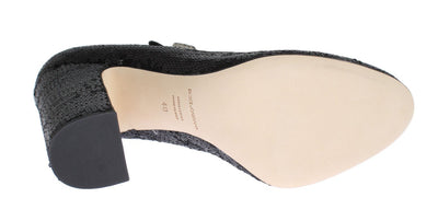 Black Leather Sequined Mary Janes Shoes