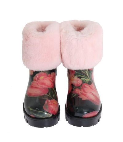 Pink Fur Tulip Print Rubber Boots
