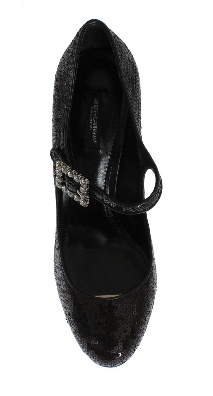 Black Leather Sequined Mary Janes Shoes