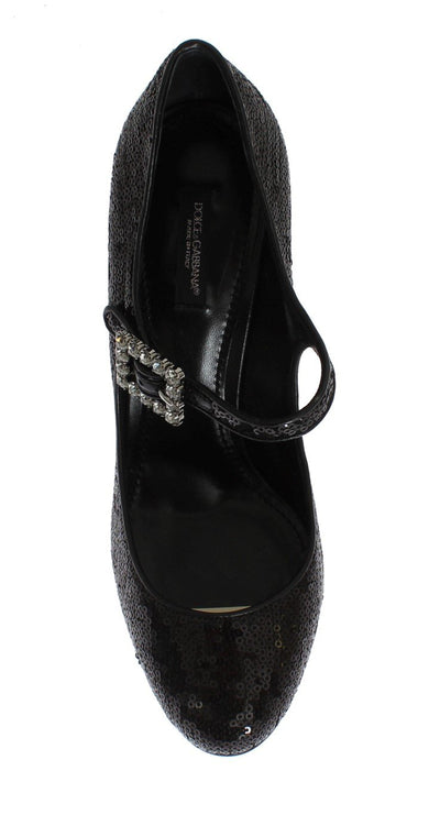 Black Leather Sequined Mary Janes Shoes