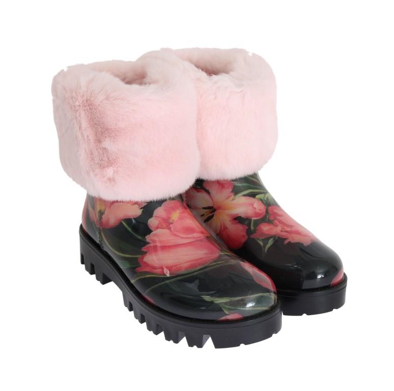 Pink Fur Tulip Print Rubber Boots