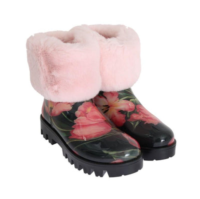 Pink Fur Tulip Print Rubber Boots