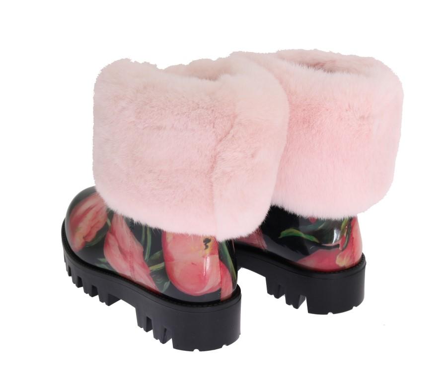 Pink Fur Tulip Print Rubber Boots