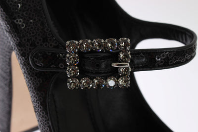 Black Leather Sequined Mary Janes Shoes