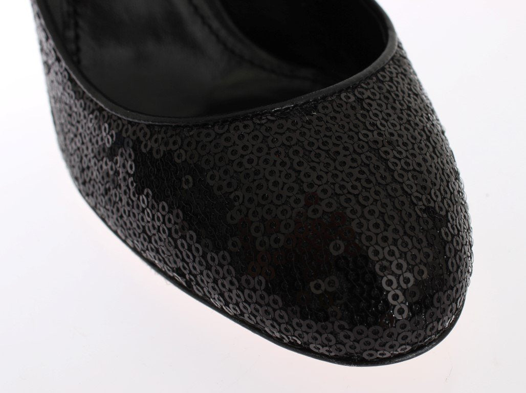 Black Leather Sequined Mary Janes Shoes