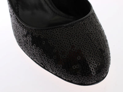 Black Leather Sequined Mary Janes Shoes