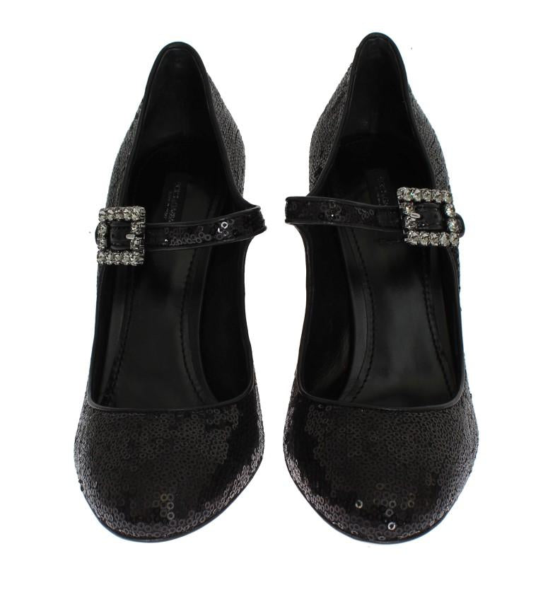 Black Leather Sequined Mary Janes Shoes