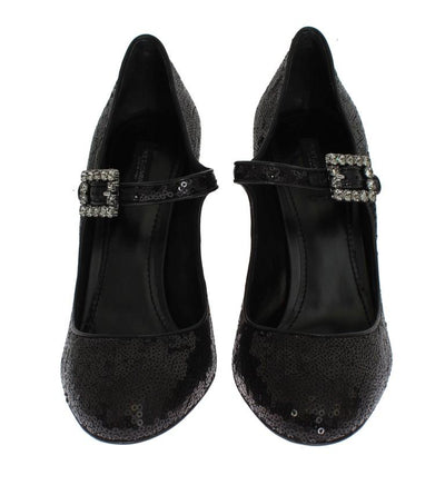 Black Leather Sequined Mary Janes Shoes