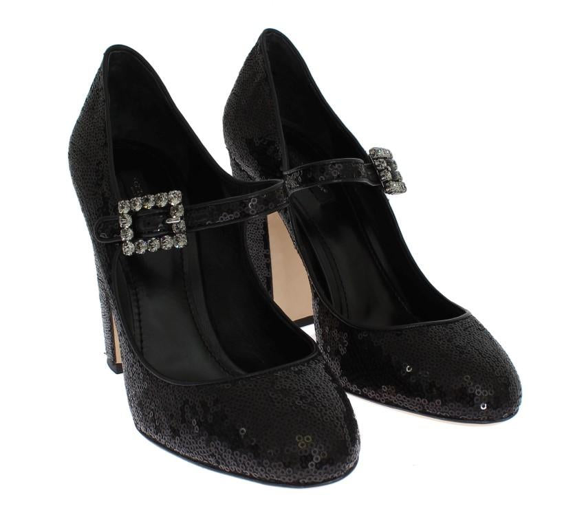 Black Leather Sequined Mary Janes Shoes