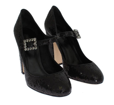 Black Leather Sequined Mary Janes Shoes