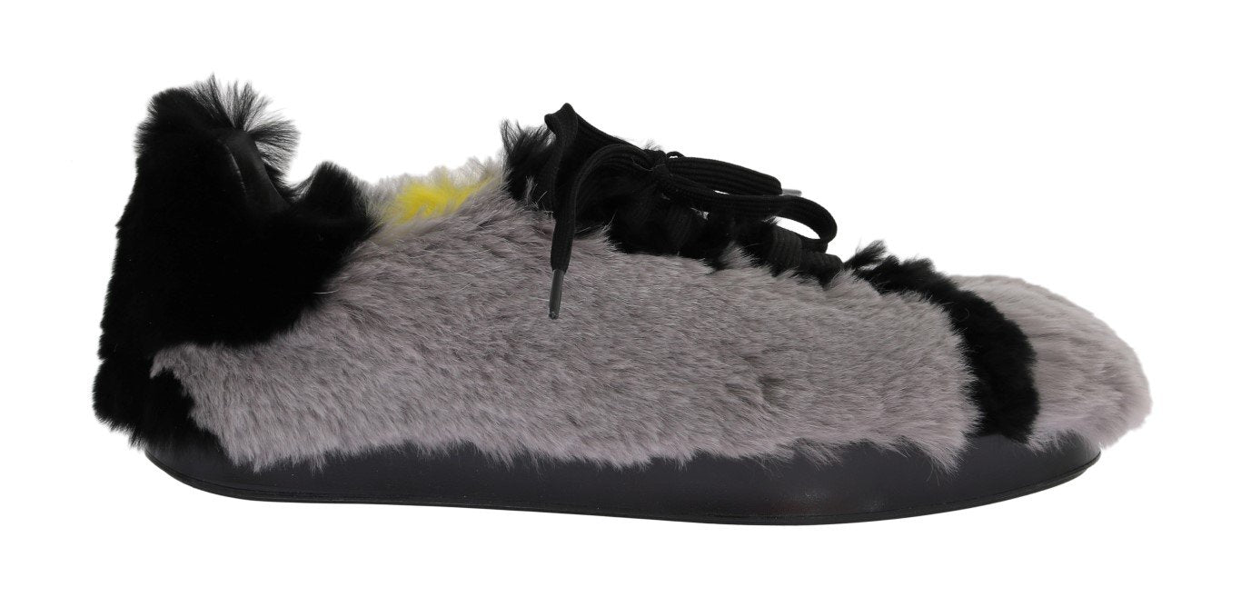 Gray Black Lapin Fur Leather Sneakers