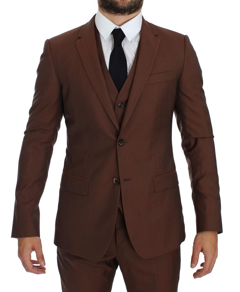 Brown Silk Wool 3 Piece Slim Fit Suit