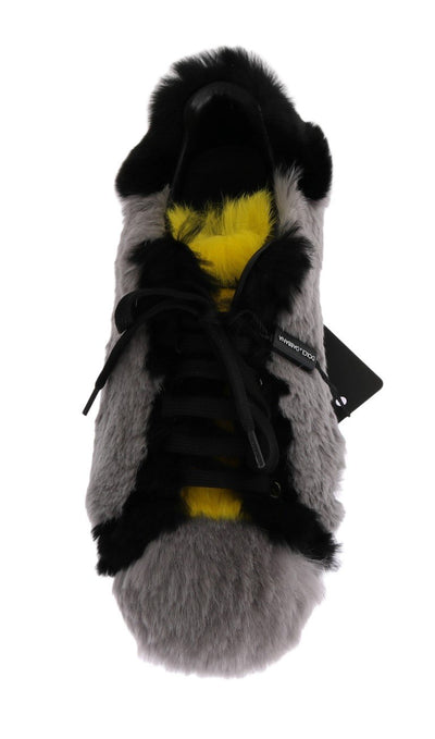 Gray Black Lapin Fur Leather Sneakers