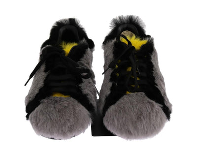 Gray Black Lapin Fur Leather Sneakers