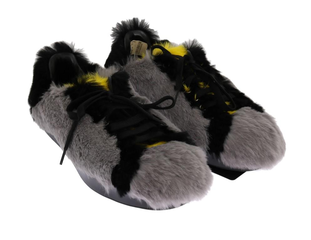 Gray Black Lapin Fur Leather Sneakers