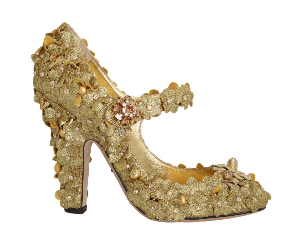 Gold Glitter Leather Floral Crystal Shoes