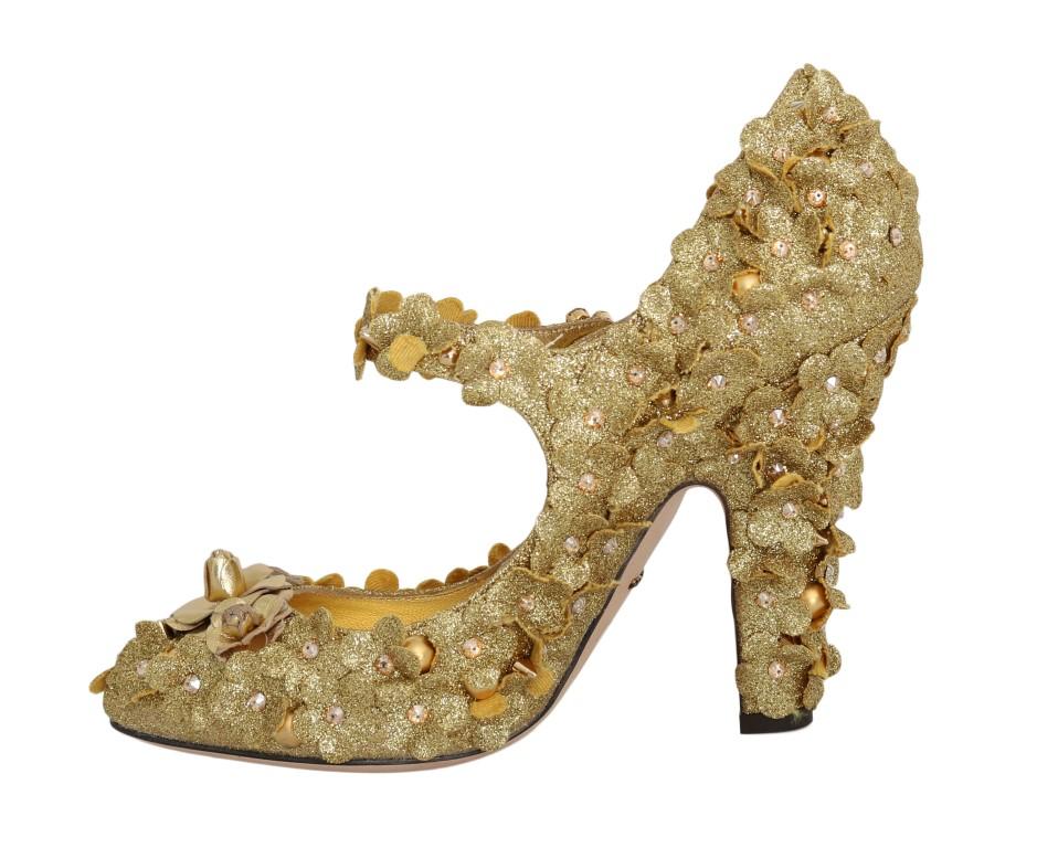 Gold Glitter Leather Floral Crystal Shoes