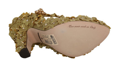 Gold Glitter Leather Floral Crystal Shoes
