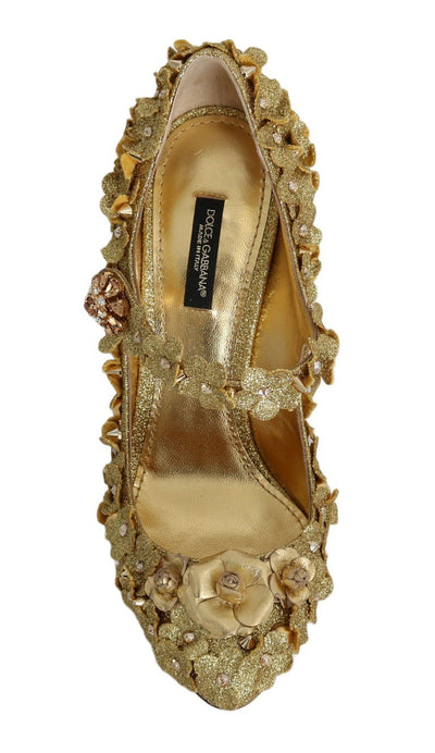 Gold Glitter Leather Floral Crystal Shoes