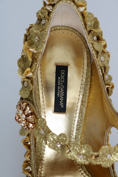 Gold Glitter Leather Floral Crystal Shoes