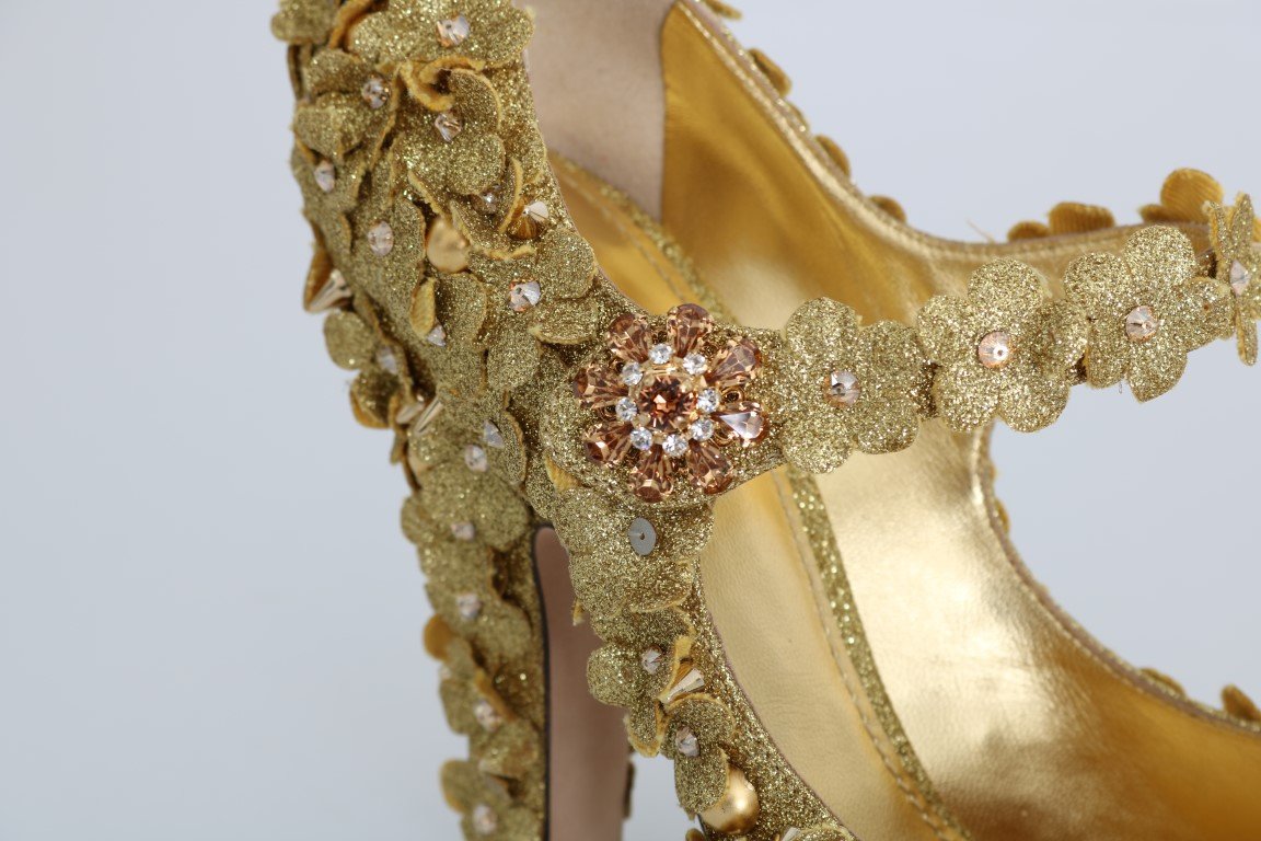 Gold Glitter Leather Floral Crystal Shoes