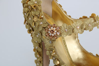 Gold Glitter Leather Floral Crystal Shoes