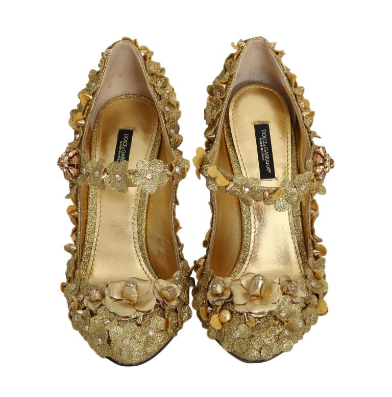 Gold Glitter Leather Floral Crystal Shoes