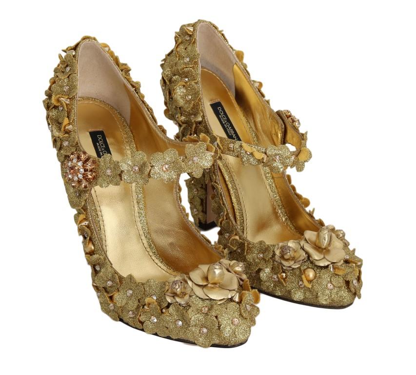 Gold Glitter Leather Floral Crystal Shoes