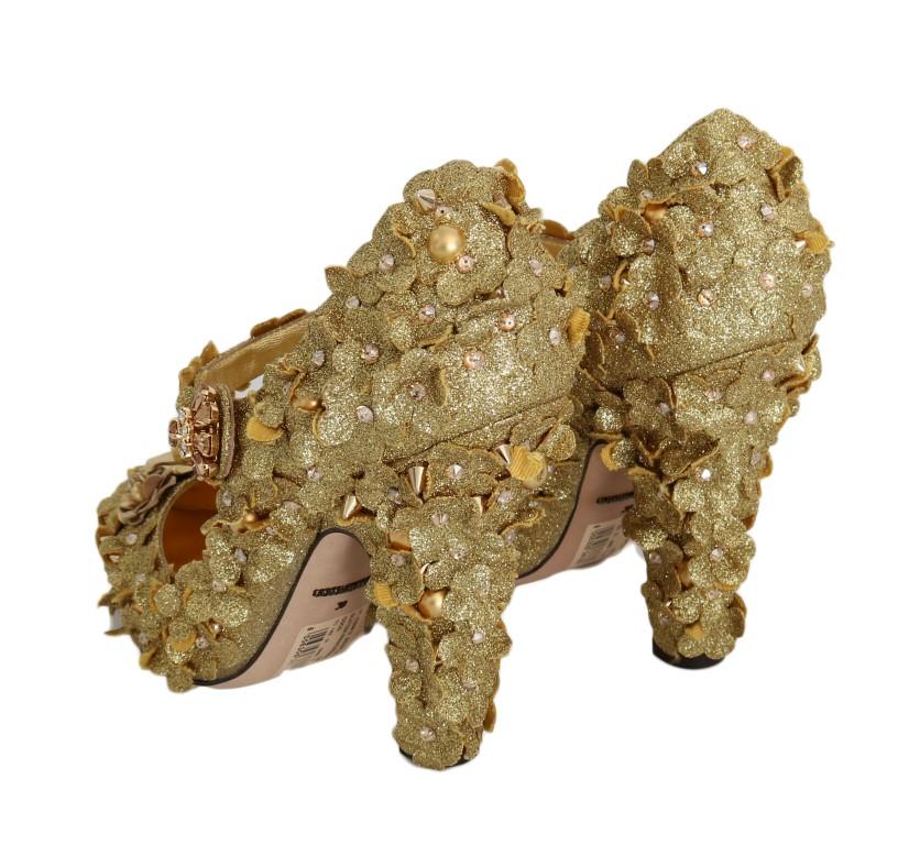 Gold Glitter Leather Floral Crystal Shoes