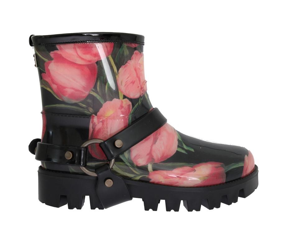 Black Tulip Print Ankle Rubber Boots