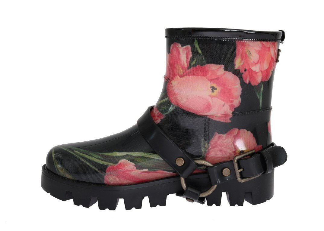 Black Tulip Print Ankle Rubber Boots