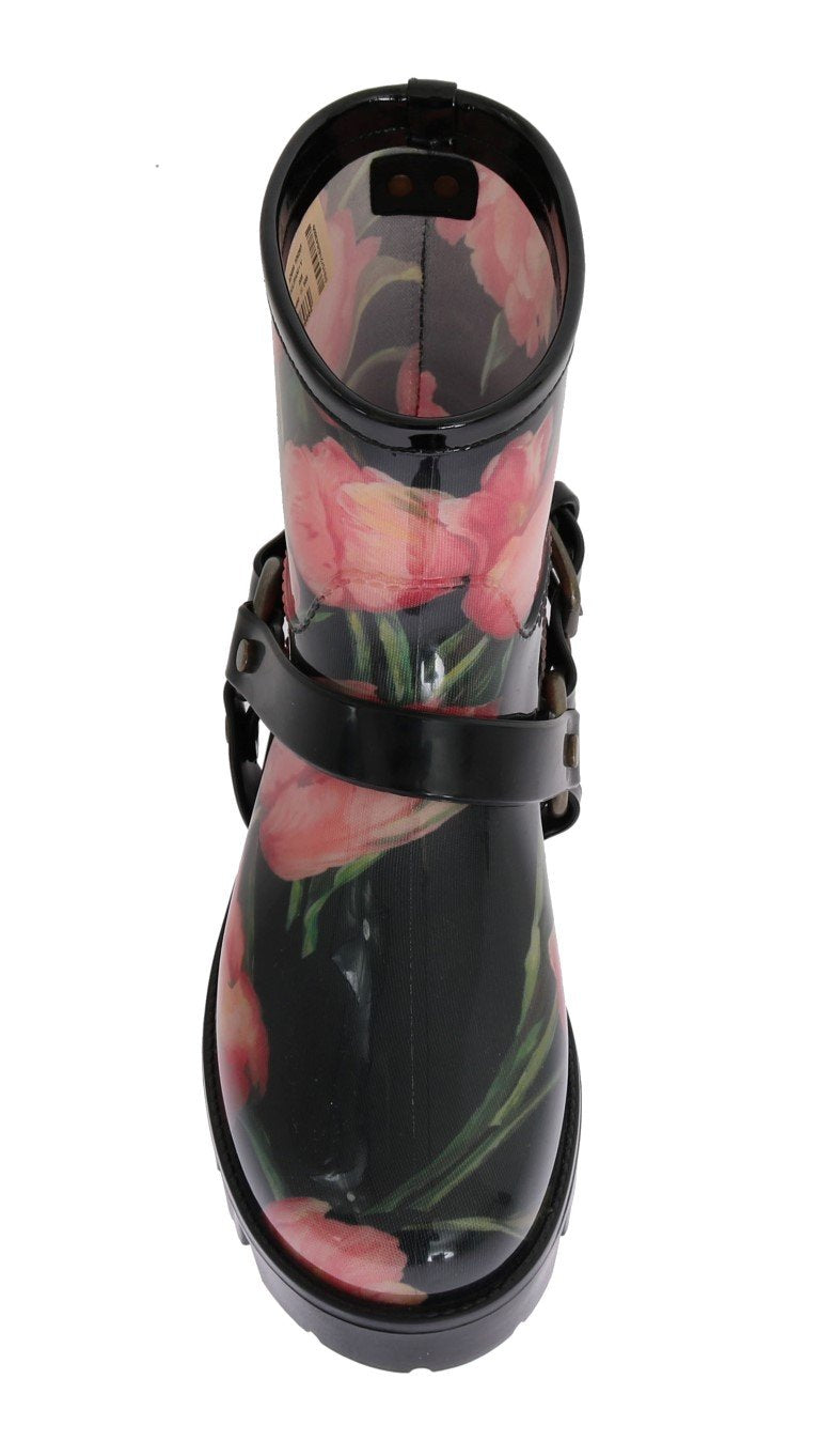 Black Tulip Print Ankle Rubber Boots