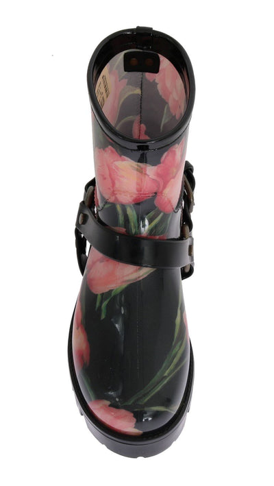 Black Tulip Print Ankle Rubber Boots