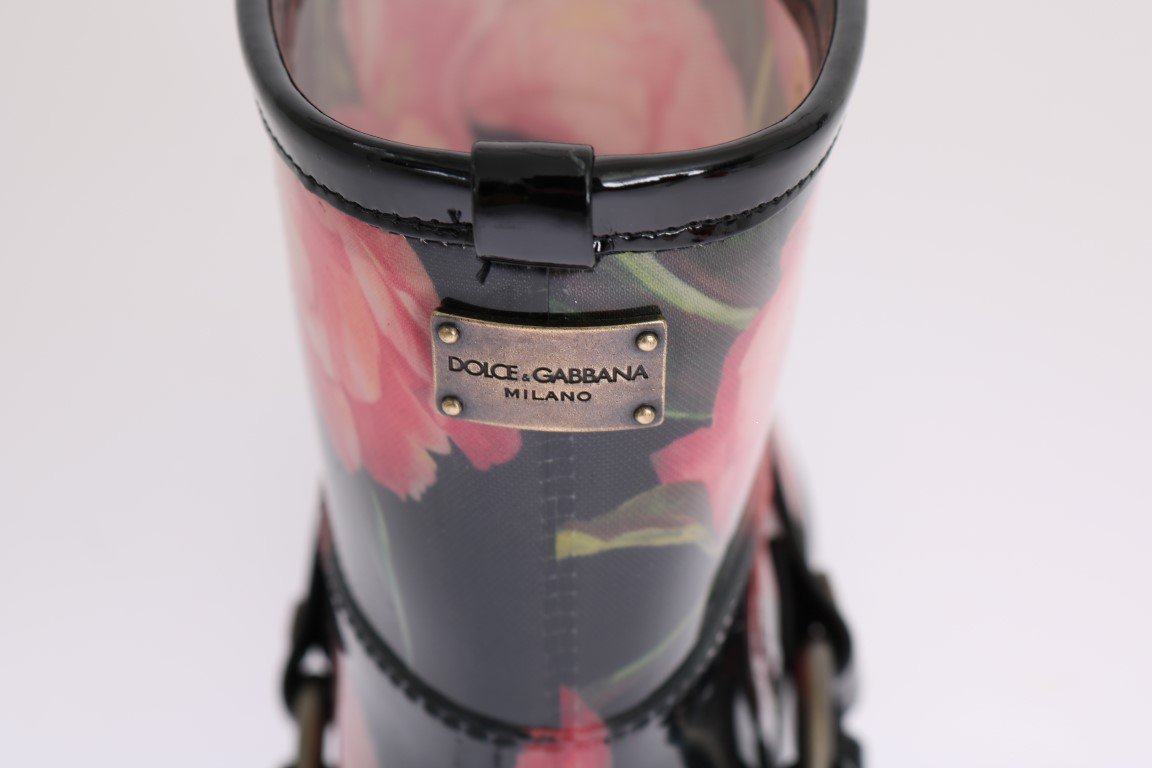 Black Tulip Print Ankle Rubber Boots