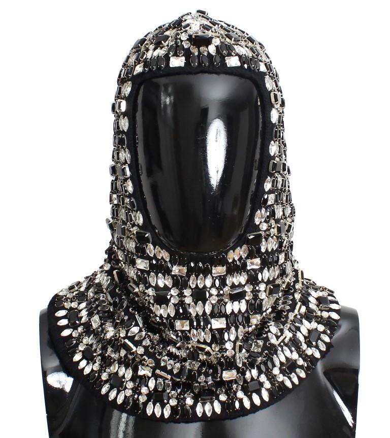 Black Wool Crystal Runway Crochet Hood