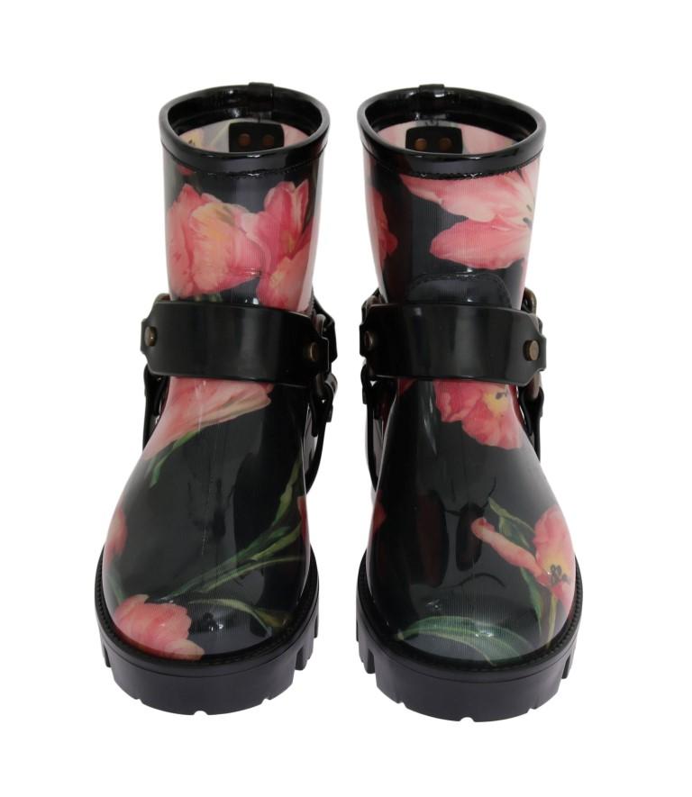 Black Tulip Print Ankle Rubber Boots