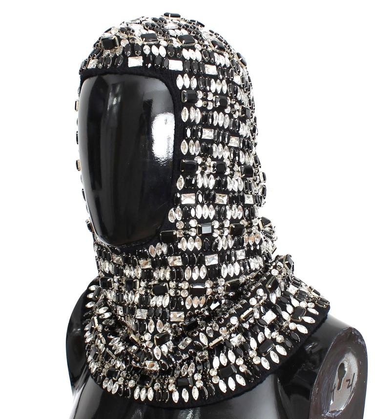 Black Wool Crystal Runway Crochet Hood
