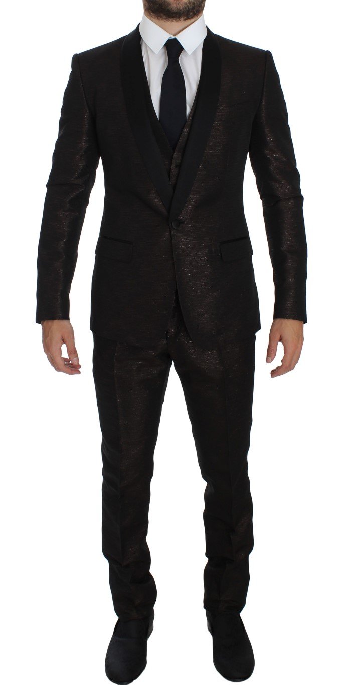 Brown Black Shiny 3 Piece Slim Suit Tuxedo