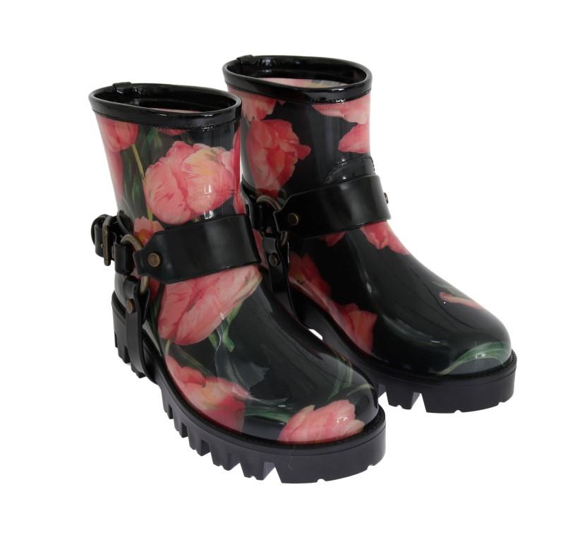 Black Tulip Print Ankle Rubber Boots