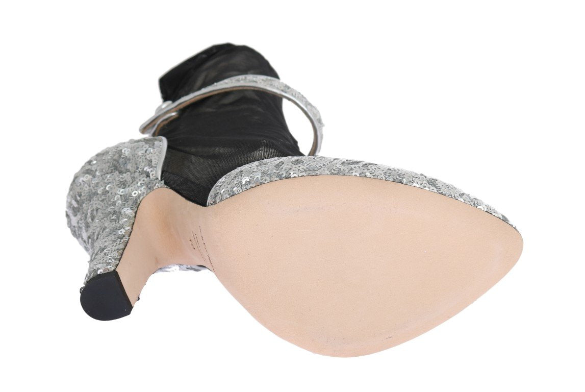 Silver Sequined Leather Socks Pumps
