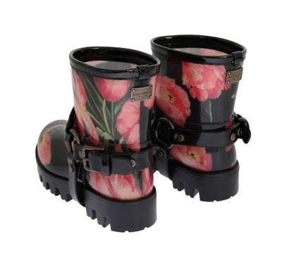 Black Tulip Print Ankle Rubber Boots