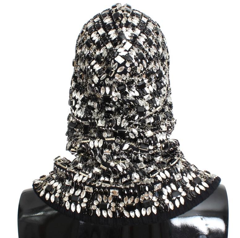 Black Wool Crystal Runway Crochet Hood