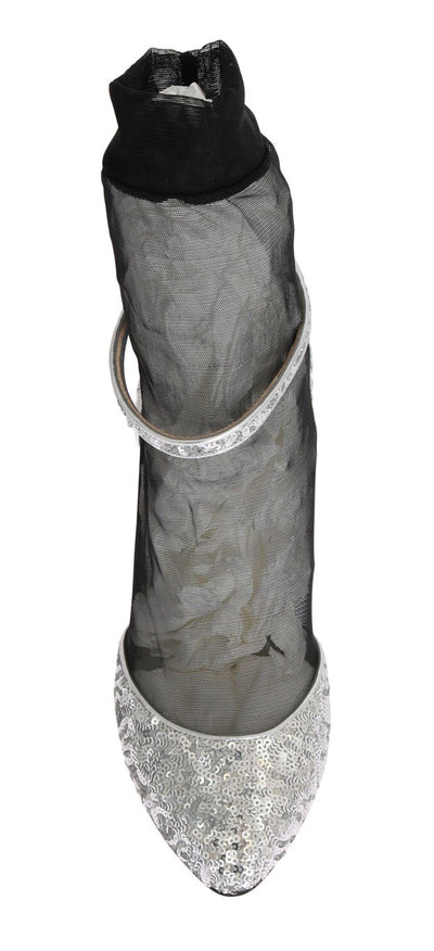 Silver Sequined Leather Socks Pumps
