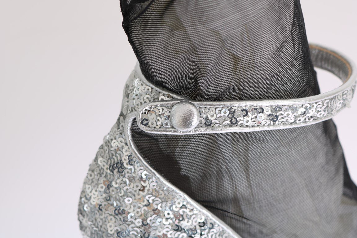 Silver Sequined Leather Socks Pumps