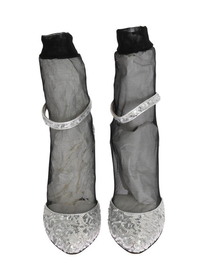 Silver Sequined Leather Socks Pumps